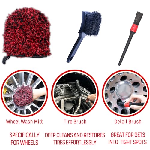oesee Microfiber Wheel Brush Kit- Microfiber Wheel Brush, Long Handle Wheel Brush, Tire& Detailing Brush, Wheel Wash Mitt. Hands-On Wheel Detailing Kit for Daily Wheel Cleaning - color: Red/Black, size: 5-Pack
