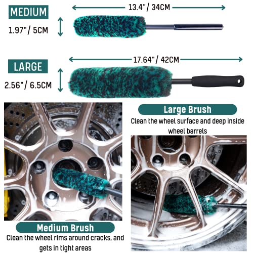 oesee Professional 4 Pack Long Handle Wheel Brush Kit for Cleaning Wheel and Tire- 2X Soft Wheel Cleaning Brush, Detailing Brush and Stiff Tire Brush, Bendable& Durable Wheel Rim Cleaner Brush Set - color: Green/Black, size: 4-Pack