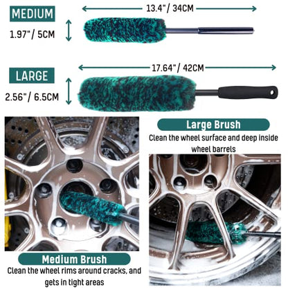 oesee Professional 4 Pack Long Handle Wheel Brush Kit for Cleaning Wheel and Tire- 2X Soft Wheel Cleaning Brush, Detailing Brush and Stiff Tire Brush, Bendable& Durable Wheel Rim Cleaner Brush Set - color: Green/Black, size: 4-Pack