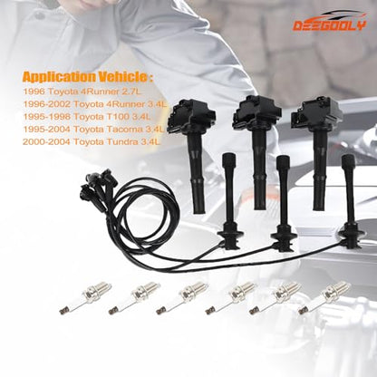 3PCS UF156 Ignition Coil Pack & 6PCS Iridium Spark Plug & 3PCS Spark Plug Wires Set Compatible with Toyota 4Runner T100 Tacoma Tundra 1995-2004 3.4L Replace# C1041 E589 5C1308 E679 - size: UF156 Ignition Coil & Spark Plug &Wires