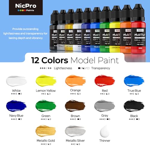 Nicpro 12가지 색상 모델 페인트 세트, 에나멜 같은 광택 마감, 바로 사용 가능 - color: 12가지 색상.