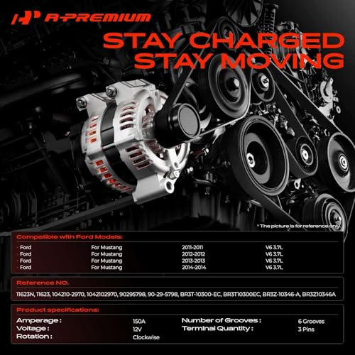 A-Premium Alternator, 12V 150A 6-Groove Pulley CW, Compatible with Ford