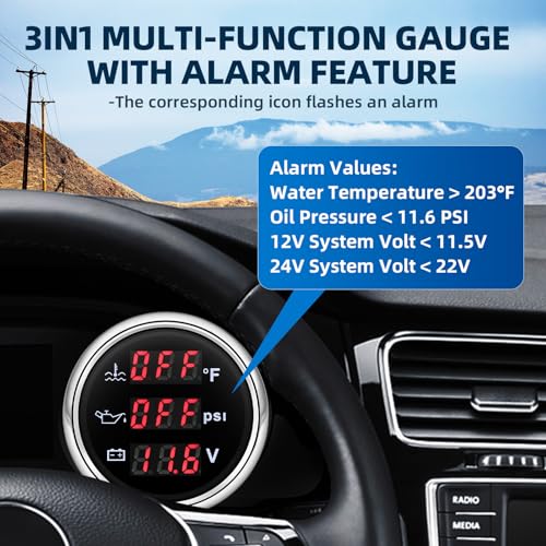 MH Triple Gauge Set - Water Temp (104°F-248°F), Oil Pressure (0-145PSI), Voltmeter (9-32V), AUTO Gauge with Sensors 2" 52mm 3-in-1 Boat Marine Meter Kit (Black and Silver) - color: Black and Silver