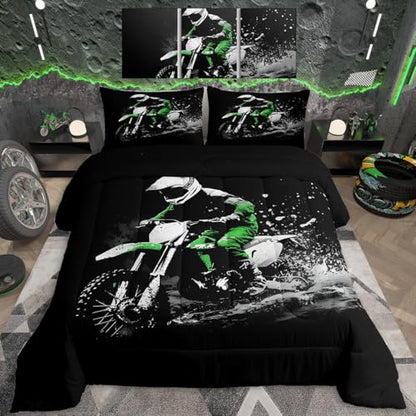 Feelyou Dirt Bike Comforter Set Queen Size Racing Themed Bedding Set - color: Black Green, size: Queen