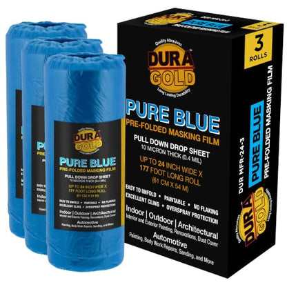 Dura-Gold 24" x 177' Pure Blue Pre-Folded Masking Film, (3 Pack) Painters