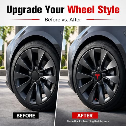 4 Pack Wheel Center Cover for Tesla Model 3 & Model Y,56mm Hubcaps Wheel Rim Cover Tesla Center Caps Hubcaps+4 Car Valve Stem Caps (Matte Black+Red Emblem) - color: Matte Black+Red Emblem