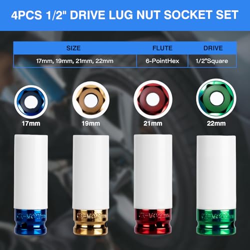 1/2" Drive Wheel Protector Impact Socket, Metric deep 17-19-21-22 mm(4 PCS) - size: 1/2" Color Impact Sockets 4pcs