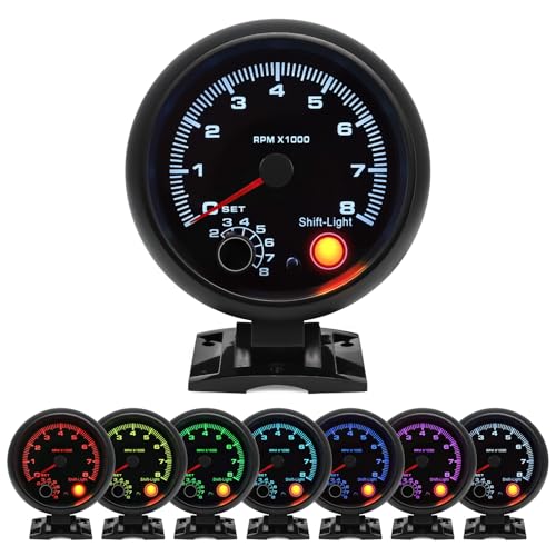 MH 3.75" 95mm Tachometer 0-8000 Large RPM Gauge 7 Color Car AUTO Tacho Shift Light with Dashboard Pod (Black) - color: Black