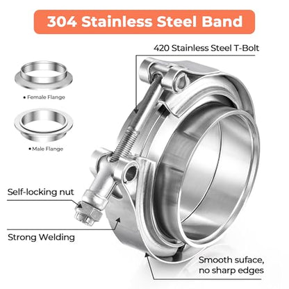 2 Inch V Band Clamp with Flange Male Female, 304 Stainless Steel V-Band Flange Kit For Turbo, Downpipes, Exhaust Systems - size: 2 inch