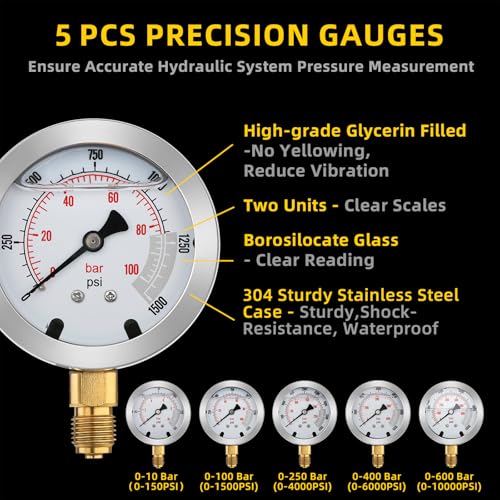 Hydraulic Pressure Test Kit, 5 Gauges 10/100/250/400/600bar, 13 Test Couplings & 14 Tees, Hydraulic Test Kit Compatible with CAT, John Deere, Komatsu, Hitachi, Kobelco Excavators & Loaders - style: 5 Gauges 13 Couplings