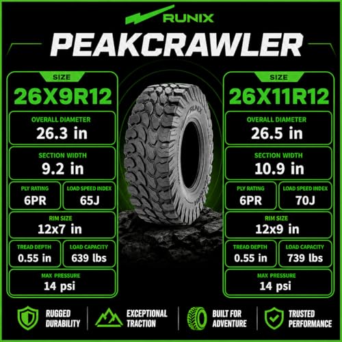 RUNIX ATV UTV Radial Tires, RUNIX PeakCrawler, 26X9R12 Front, 26X11R12 Rear, Set of 4, Radial Tire, All Terrain, 6PR, Tubeless, 26X9-12, 26X11-12 - size: 26X9R12 & 26X11R12