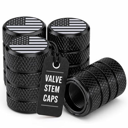 American Flag Valve Stem Caps – Onyx Black, Anti-Rust Anodized Aluminum, Universal Fit for Car, Truck, SUV, Bike – Set of 4 (Onyx Black) - color: ONYX BLACK US