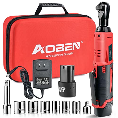 AOBEN 3/8" 12V Power Electric Ratchet Wrench Set with 1 2000mAh Lithium-Ion Battery And Charger - color: Ruby Red