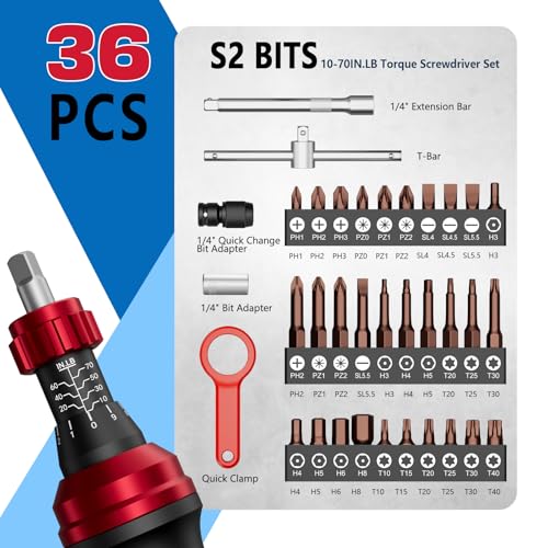 SUERCUP 1/4" 10-70In.lb Torque Screwdriver 36 PCS Set - size: 10-70In.lb