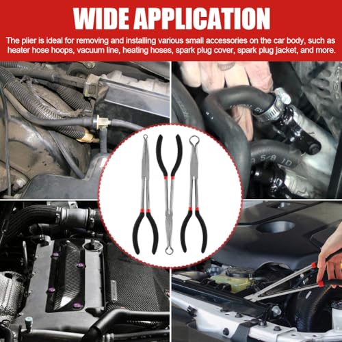 3PCS 11" Long Hose Grip Pliers, 5/16 Inch, 1/2 Inch, 3/4 Inch Ring Nose Hose Gripper Pliers Kit, O-shape Tip Serrated Jaws, Offset Spark Plug Boot Removal Pliers for Narrow Space