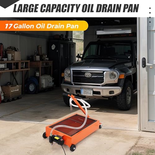 17 Gallon Low Profile Oil Drain Pan, 110V Electric Pump, 8ft Hose, Rolling - color: Red, size: 17 Gallon(110V Electric Pump)