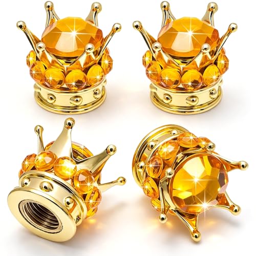 4PCS Crown Bling Tire Stem Valve Caps, Crystal Diamond Car Wheel Tire Valve Caps Universal Copper Core Stem Covers for Cars, SUV, Trucks, Bikes, Motorcycles, Bicycles (Gold) - color: Gold & Gold