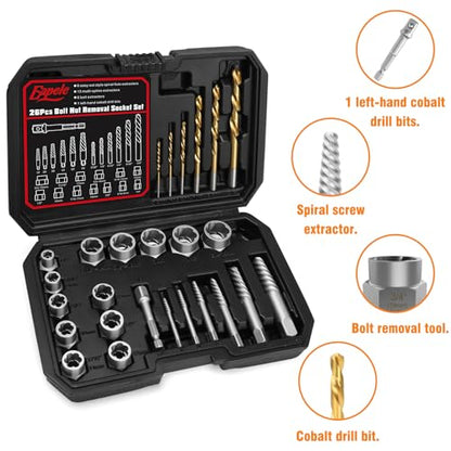 Eapele Bolt Extractor Set, Stripped Nut Remover Twist Sockets, Fit 3/8" Square Drive with Solid Storage Case(26pcs, Black) - size: 26pcs