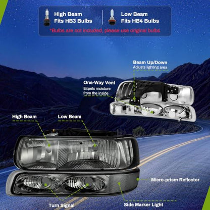 AUTOSAVER88 Headlight Assembly Compatible with 99-02 Silverado 1500/2500 - color: OE - Chrome/Clear/Smoke