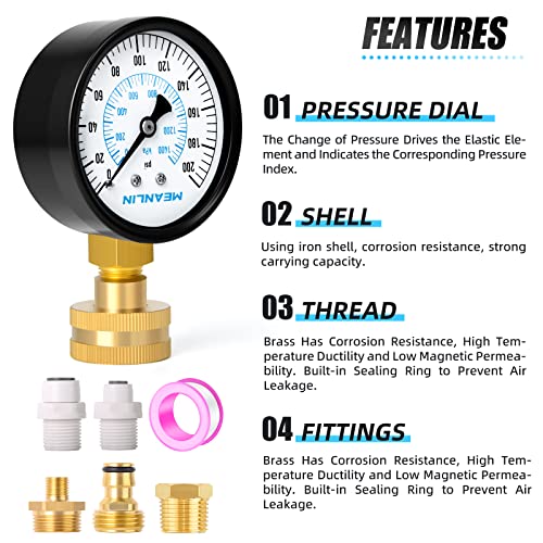 MEANLIN MEASURE 0~200Psi 3/4" Female Water Pressure Kit Plus 5 adapters, 2.5" FACE DIAL Multi-Purpose Pressure Gauge Kit, Hydraulic Tester,Suitable for Gardens, Water Pipes, etc - color: Black, size: 0-200Psi (With Fittings)
