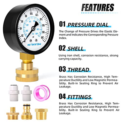 MEANLIN MEASURE 0~200Psi 3/4" Female Water Pressure Kit Plus 5 adapters, 2.5" FACE DIAL Multi-Purpose Pressure Gauge Kit, Hydraulic Tester,Suitable for Gardens, Water Pipes, etc - color: Black, size: 0-200Psi (With Fittings)