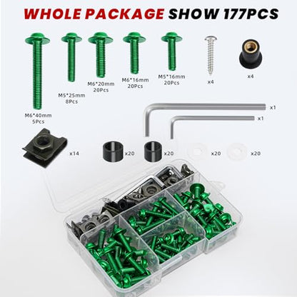 Green Motorcycle Fairing Bolt Kit 177Pcs, M5 M6 Stainless Steel - color: Green