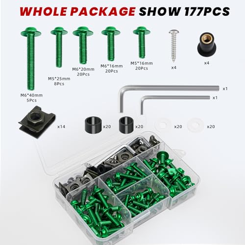 Green Motorcycle Fairing Bolt Kit 177Pcs, M5 M6 Stainless Steel - color: Green