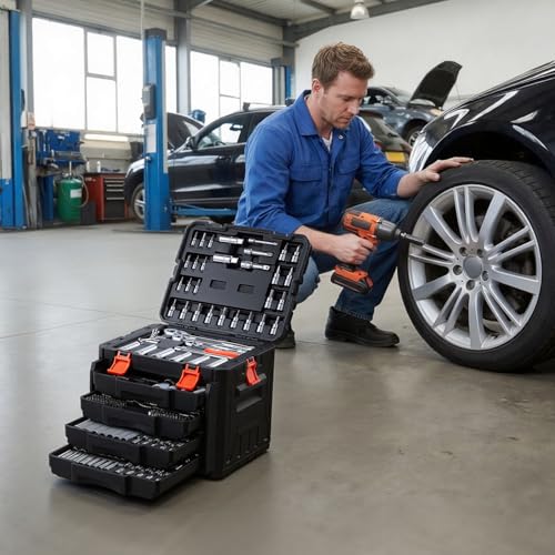 VEVOR Mechanics Tool Set, 297-Piece Mechanic Tool Kit, 1/4 in, 3/8 in, and 1/2 in Drive, SAE and Metric Socket Set, Wrenches, Screwdriver Bits, Accessories, and Storage Case, for Automotive Repair - size: 297-PCS