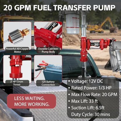 FMCNMech 12V Fuel Transfer Pump Kit, 20 GPM with Manual Nozzle - color: 20 GPM Gas & Diesel Pump