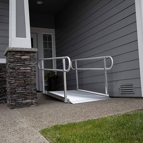 EZ-ACCESS - Portable Wheelchair Ramp and Aluminum Ramp with Handrails - Heavy Duty Mobility Device, Handicap Ramp with Solid Surface for Steps, and Vertical Picket Handrails - 3G 5-Foot, Silver - size: 60 Inch (Pack of 1), style: Ramp + vertical picket ra