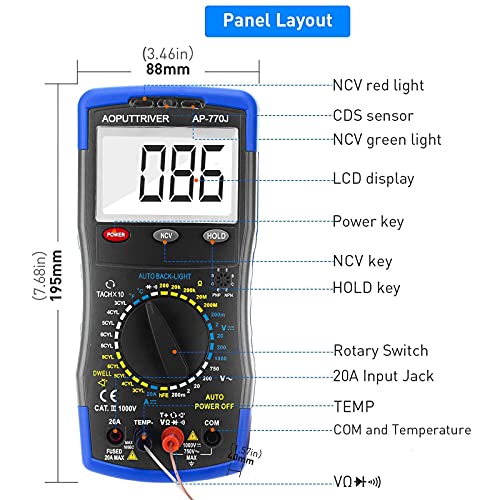 Digital Multimeter Automotive Engine Analyzer 3-1/2 Manual Ranging 20A DMM