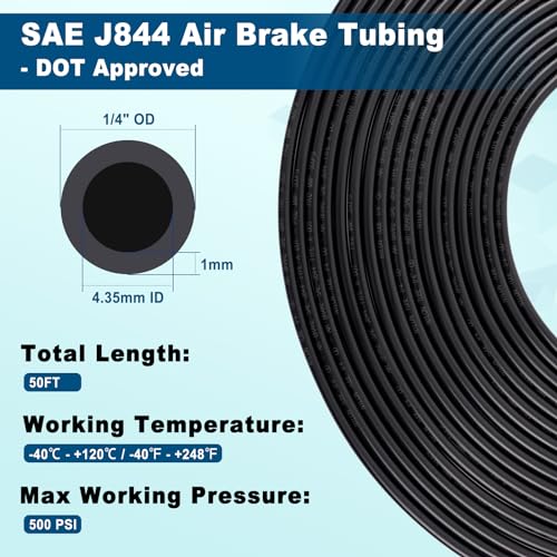 1/4" DOT Air Line, 50FT SAE J844 PA12 Nylon Air Tubing with Cutter - size: 1/4" OD 50FT