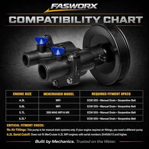 FASWORX Raw Sea Water Pump with Pulley Installed for MerCruiser 4.3L, 5.0L, 5.7L, 6.2L MPI V6 V8 Engines 350 MAG Bravo - Replaces 8M0137216, 46-8M0118067, 46-862914T10, 46-862914T3, 46-8M0122655