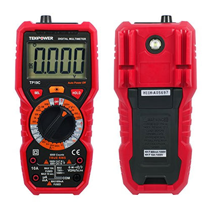 Tekpower TP19C General Purpose Manual-ranging True RMS AC/DC 10A Digital Multimeter with Non-Contact Voltage Detector (NCV), Live Wire Tester & Flashlight