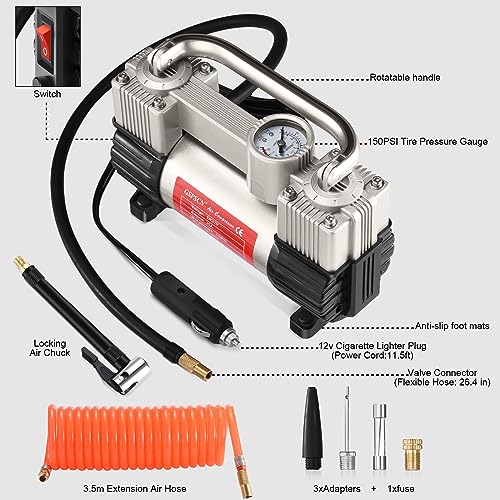 GSPSCN 12V Heavy Duty Tire Inflator Metal Portable Air Compressor Pump - color: Silver