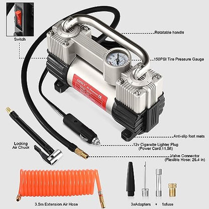 GSPSCN 12V Heavy Duty Tire Inflator Metal Portable Air Compressor Pump - color: Silver
