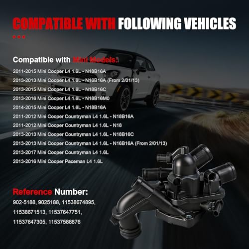 Engine Coolant Thermostat Housing Assembly Compatible with Mini Cooper 2011-2016,Cooper Countryman 2011-2017,Cooper Paceman 2013-2016 1.6L,Replace for# 11537647305 11537588876 902-5188 - size: 902-5188