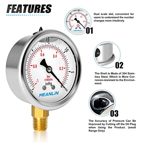 MEANLIN MEASURE -30inHG~0Psi Stainless Steel 1/4" NPT 2.5" FACE DIAL Vacuum Pressure Gauge, Lower Mount, with 1/2" NPT and 3/8" NPT Hex Bushing - size: -30inHG-0Psi