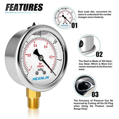 MEANLIN MEASURE -30inHG~0Psi Stainless Steel 1/4" NPT 2.5" FACE DIAL Vacuum Pressure Gauge, Lower Mount, with 1/2" NPT and 3/8" NPT Hex Bushing - size: -30inHG-0Psi