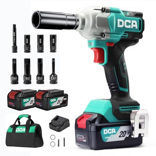 DCA Cordless Impact Wrench 1/2 INCH, Max 503Ft-lbs/682N.m Brushless Impact Gun, High Torque Electric Impact Driver with Hog Ring, 4 Modes with Smart Loosen Function, 2 * 4.0Ah Battery