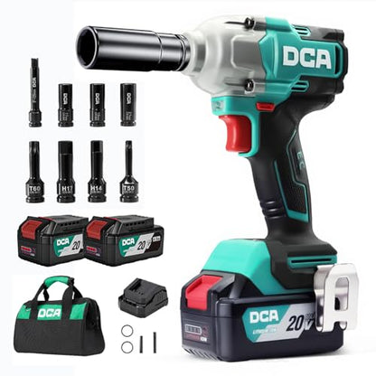 DCA Cordless Impact Wrench 1/2 INCH, Max 503Ft-lbs/682N.m Brushless Impact Gun, High Torque Electric Impact Driver with Hog Ring, 4 Modes with Smart Loosen Function, 2 * 4.0Ah Battery