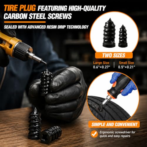 105-Piece Tire Screw Plug Repair Kit, No Tire Removal for Cars and Trucks