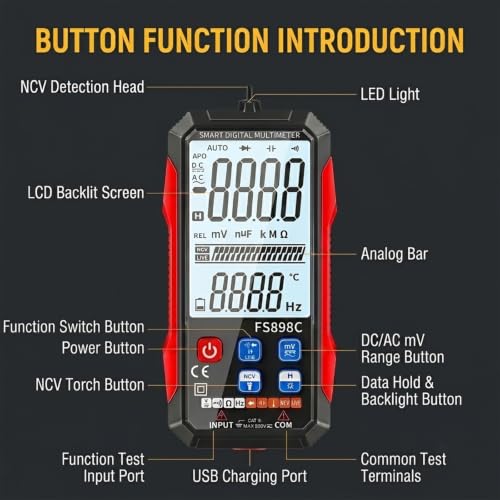FS898C Digital Multimeter True RMS 6000 Counts USB-C Rechargeable NCV