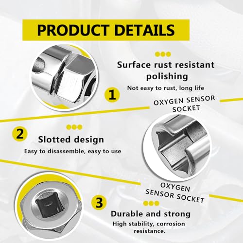Drive Oxygen Sensor Socket with Side Wire Cutout 6-point Slotted Desigh 7/8 inch (22mm) an Offset Oxygen Sensor Socket Can be Installed and Removed (silver)