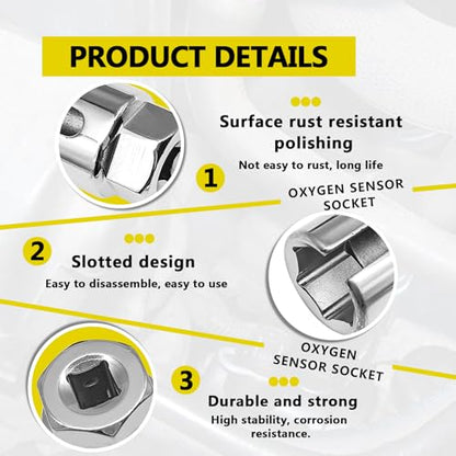 Drive Oxygen Sensor Socket with Side Wire Cutout 6-point Slotted Desigh 7/8 inch (22mm) an Offset Oxygen Sensor Socket Can be Installed and Removed (silver)