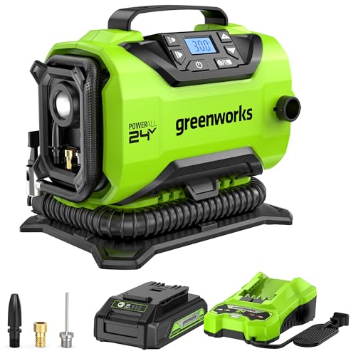 Greenworks 24V Cordless Tire Inflator, 160 PSI Portable Air Compressor, 2 Power Sources, Auto Shut Off, for Car, Bicycle, Motorcycle, Inflatables With 2.0 Ah USB (Power Bank) Battery & 2A Charger - style: w/2.0Ah (USB Battery)