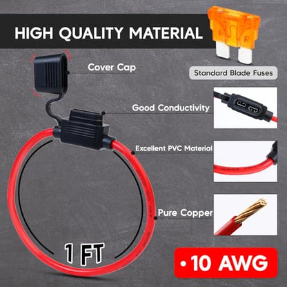 5 Pack Ledvillage Inline Fuse Holder 10awg Wiring Harness 40AMP Waterproof Pigtail Blade Relay Automotive Replacement Fuse (55 Fuses in Set) - size: 10AWG (5 Pcs)