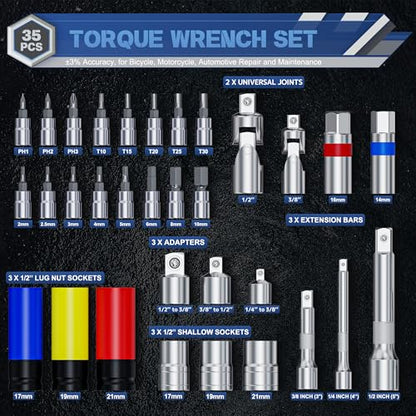 Torque Wrench Set 35PCS, 1/4" 3/8" 1/2" Drive Click Torque Wrench, 72 Tooth Dual-Direction Adjustable, Dual Scale, ±3% Accuracy, for Bicycle, Motorcycle, Automotive Repair and Maintenance - size: 35pcs