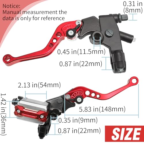 Universal Motorcycle Brake Lever 7/8" 22mm Handlebar Brake Master Cylinder Clutch Levers Set, Hand Grips, Handlebar Ends Replacement for Harley Honda Kawasaki Suzuki Yamaha, Red Left + Right
