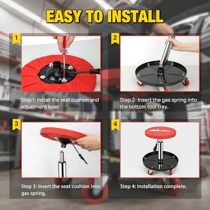 Nilight Rolling Mechanic Stool 330LBS Pneumatic Adjustable Swivel PU Seat - color: Black Red 330lbs